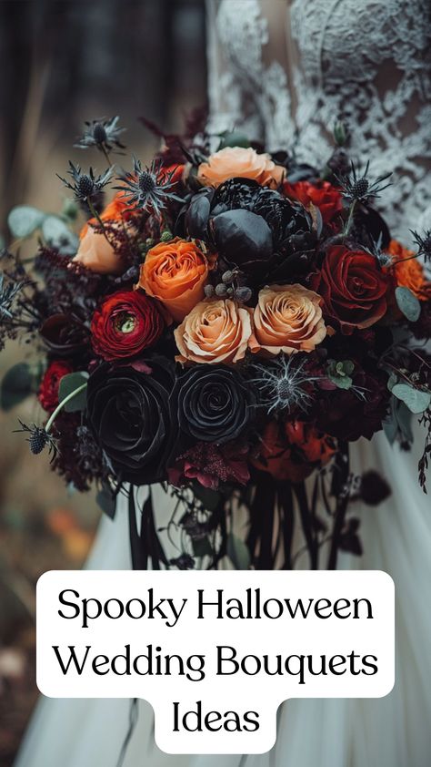 A spooky Halloween wedding bouquet featuring dark florals, rich colors, and eerie details for a magical and mysterious wedding look. Spooky Halloween Wedding, Spooky Bouquet, Bouquet Stand, Wedding Bouquets Ideas, Bouquet Styles, Diy Boutonniere, Bouquets Ideas, Dark Florals, Halloween Themed Wedding