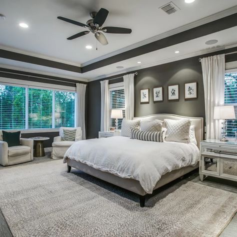 Richard - Transitional - Bedroom - Dallas - by Rosewood Custom Builders | Houzz Colored Ceiling Bedroom, Queen Bedroom Ideas, Normandy House, Bedroom Paint Colours, Bedspread Ideas, House Share, Boho Master, Luxury Bedroom Interior Design, Flat Share