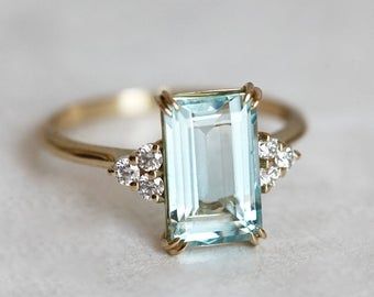 Emerald Cut Aquamarine Ring, Aquamarine Engagement Ring, Dream Engagement Rings, Engagement Ring Cuts, Aquamarine Rings, Halo Engagement Rings, Emerald Engagement Ring, Gold Band, White Diamonds