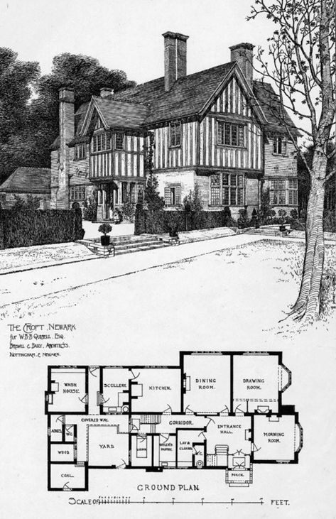 1901 – The Croft, Newark, Nottinghamshire – Archiseek – Irish Architecture Tudor Mansion Floor Plans, Ground Plan, Irish Architecture, Vintage Floor Plans, British Houses, German Houses, Vintage Houses, Scottish Homes, English Architecture