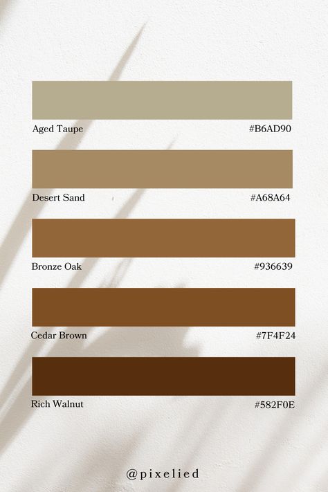 Brown Earth Tone Color Palette blends Aged Taupe and Desert Sand with the earthy tones of Bronze Oak, Cedar Brown, and Rich Walnut. This palette evokes a cozy, timeless ambiance perfect for inviting and warm designs. Walnut Color Palette, Color Scheme Generator, Earth Colour Palette, Tone Color Palette, Earth Tone Color Palette, Color Generator, Flip Image, Earth Tone Color, Brown Color Palette