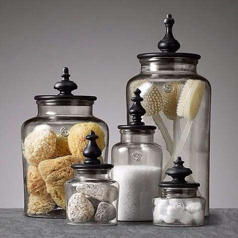 What every #bathroom needs: #organic cottons, #natural sponges, Epsom salts, #bamboo toothbrushes, pumice stones and #reusable jars!  See wh... Toples Kaca, Săpunuri Handmade, Finials For Curtain Rods, Nate Berkus, Bathroom Spa, Cool Ideas, Apothecary Jars, Boho Home, Beautiful Bathrooms