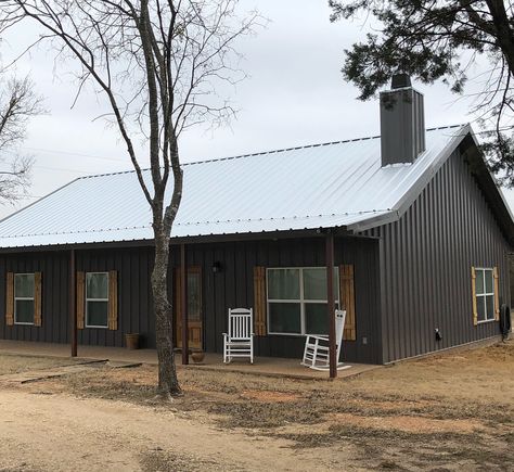 96 Likes, 26 Comments - Abbey Hunt (@huntfarmstead) on Instagram: “We added shutters! Next plan is wrapping the steel post! #barndominium #metalbuildings…” Bedroom Greenhouse, Pole Building House, Metal Building Designs, Metal Barn Homes, Metal Building Home, Metal Barn, Farmhouse Remodel, Building Homes, Shop House Plans