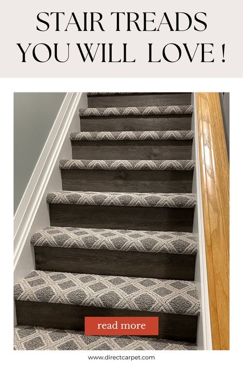 stair tread carpet installation How To Install Carpet On Stairs, How To Carpet Stairs Diy, Carpeted Treads Only, Basement Stair Treads, Alternative To Carpet On Stairs, Stairs Wood And Carpet, Carpet Wrapped Stairs, Carpet Laminate Stairs, Carpeted Stair Treads