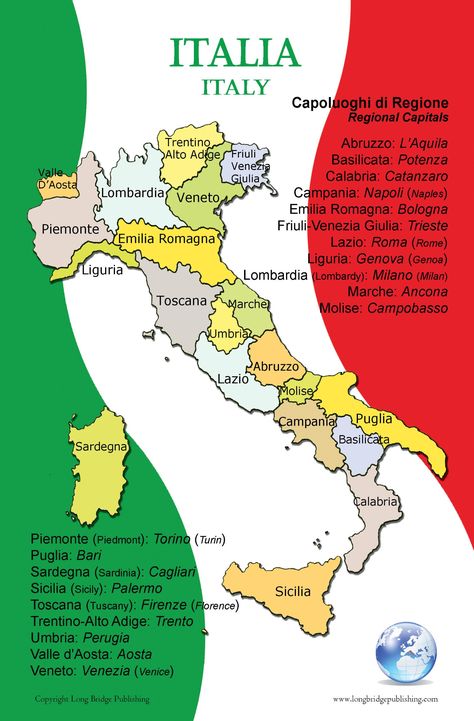 Poster in Italian - Map of Italy and Its Regions, for Classroom, Playroom and Language Learning (Bilingual: Text in Italian and English) - Easy Way to Effortlessly Learn Every Day - This colorful chart comes in a convenient size of 11x17 inches that will not crowd your walls - Perfect for decorating any Italian themed space or event Map Of Italy Regions, Verbs Poster, Italian Sayings, Italian Verbs, Italy For Kids, Map Of Italy, Italian Grammar, Map Worksheets, Italian Vocabulary