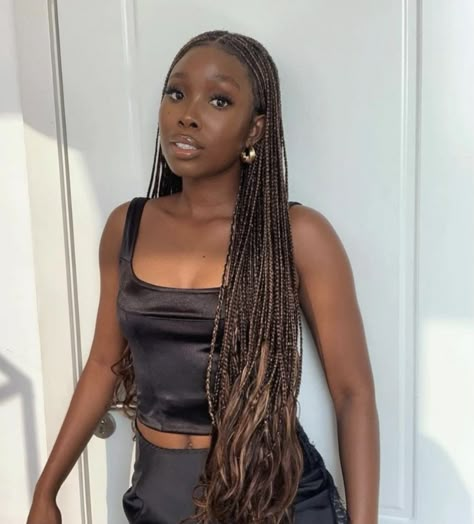 Brunette Braids Black Women, Dark Blonde Box Braids, Highlighted Braids For Black Women, Dark Skin Brown Braids, Balayage Braids Black Women, Colored Knotless Braids On Dark Skin, Box Braids Blonde Highlights, Dark Skin Braids Color, Light Brown Braids On Dark Skin