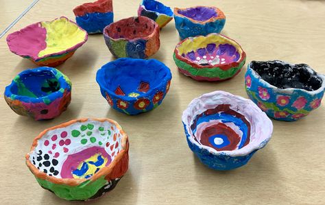 3rd graders’ air dry Stonex clay pinch pots with acrylic paint Preschool Air Dry Clay Projects, Air Dry Clay Elementary Art Project, Pinch Pot Air Dry Clay, Air Dry Clay Pinch Pots, Pinch Pots For Kids, Air Dry Clay Projects For Kids, Easy Air Dry Clay Projects, Clay Projects Kids, Easy Air Dry Clay