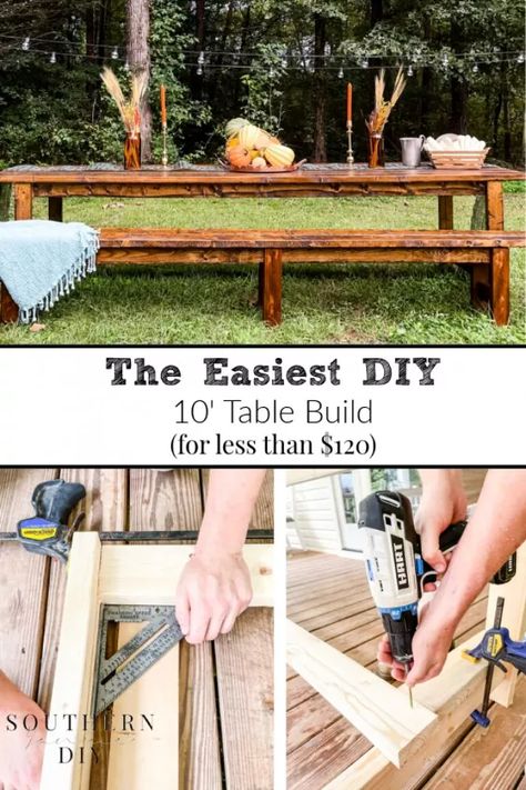 Learn how to make a long outdoor table and bench for cheap with this easy diy table instructions. diy outdoor dining table tutorial for cheap. #diy #outdoortable #tabletutorial Large Outdoor Dining Area, Rustic Outdoor Table And Chairs, Cozy Outdoor Dining Spaces, Outdoor Dining Table Ideas, Outdoor Dining Table Diy, Outdoor Table Plans, Outdoor Farmhouse Table, Outdoor Wood Table, Outdoor Farm Table