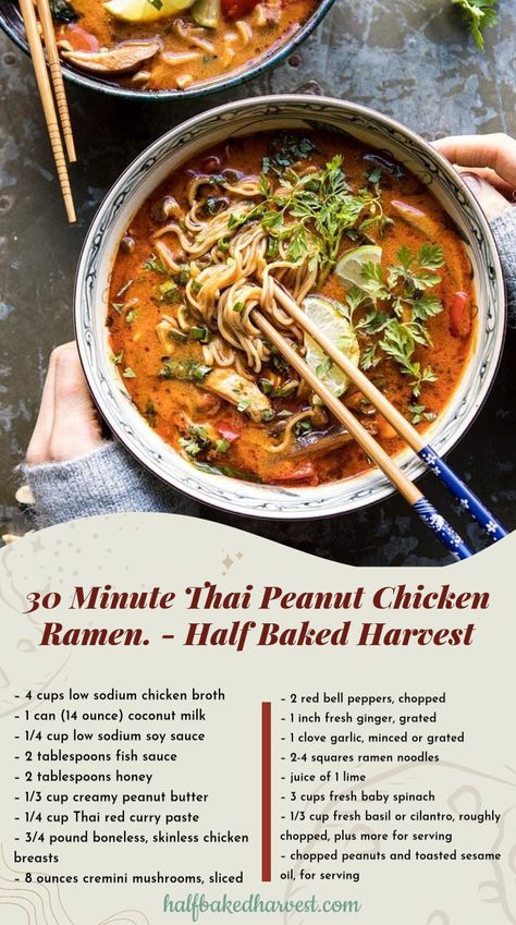 image Recipe: This 20 Minute Thai Peanut Chicken Ramen is for those nights when you need a cozy, healthy dinner, and you need it fast. All made in one pot, using healthy, pantry staple, ingredients. It's creamy, spicy, filled with veggies, lean chicken, and ramen noodles. 30 Minute Crispy Thai Peanut Chicken Ramen, Spicy Peanut Butter Ramen, Thai Peanut Chicken Ramen, Peanut Chicken Ramen, Chicken And Ramen, Thai Peanut Ramen, Thai Chicken Peanut, Postpartum Prep, Peanut Butter Ramen