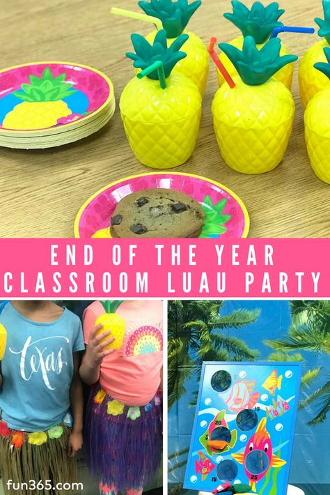 Throw an end of the year celebration your class will love! Channel summer with this luau themed classroom party like Ashley from Teach Create Motivate. Here's how to do it. Summer Class Party Games, End Of The Year Preschool Party, Kindergarten Classroom Party Ideas, Luau School Party Ideas, Summer Theme Class Party, End Of The Year Party Themes, Preschool Party Themes, End Of Year Class Party Themes, 2nd Grade End Of Year Party