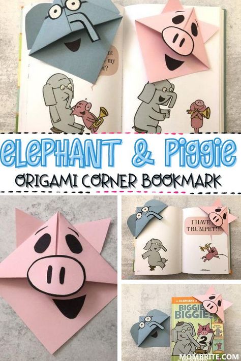 This entertaining and funny children's book by Mo Willems about unlikely friends Elephant and Piggie is my preschooler's favorite! Learn how to make these super fun Elephant and Piggie corner bookmarks to make the daily reading experience of this book even more fun!  #ElephantAndPiggieBook #DIyCornerBookmarks #PreschoolerSTEMReadingActivity Gerald And Piggie Craft, The Pigeon Books Activities, Elephant And Piggie Crafts Preschool, Mo Willems Author Study Kindergarten, Piggie And Gerald Activities, Piggie And Gerald Crafts, Piggy And Gerald Crafts, Reading Buddies Activities, Mo Willems Birthday Party