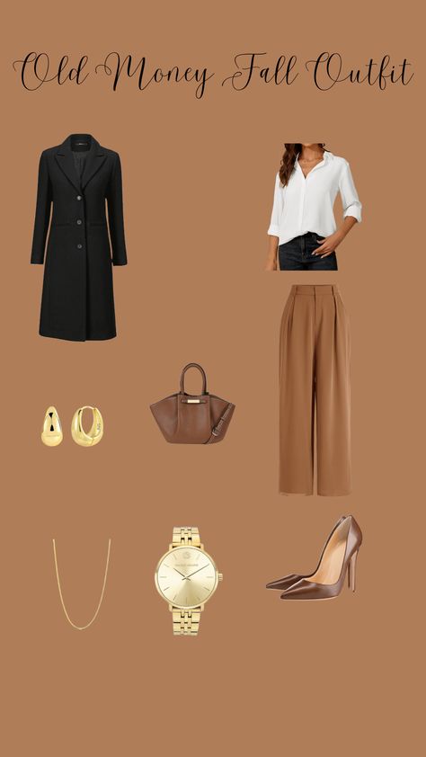 Achieve an old-money vibe this fall with an elegant outfit featuring timeless pieces. Start with a classic white blouse over a soft, paired with tailored trousers for a refined touch. Complete the look with polished leather stilettos. Add subtle gold jewelry, a structured handbag. This outfit channels a heritage-inspired fall aesthetic, exuding sophistication and classic style perfect for any occasion. Old Money Fall Outfit, Old Money Fall, Classic White Blouse, Leather Stilettos, Fall Aesthetic, Tailored Trousers, White Blouse, Elegant Outfit, Fall Outfit