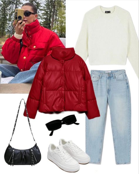 Red Jacket Outfit Winter, Red Parka Outfit, Snowfall Outfits, Orange Puffer Jacket Outfit, Bubble Jacket Outfit, Red Puffer Jacket Outfit, Puffer Jacket Outfit Women, Reebok Outfit, Red Jacket Outfit