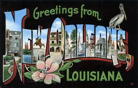 Greetings from New Orleans, Louisiana - Large Letter Postcard | Flickr - Photo Sharing! Aesthetic Horizontal, Aesthetic Cartoon, Cooler Painting, Louisiana Art, Aesthetic Quotes, New Orleans Louisiana, Large Letters, Post Card, Vintage Postcard