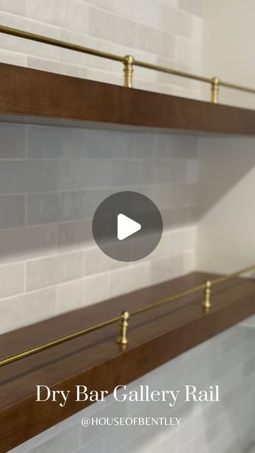 Amanda Bentley on Instagram: "Everyone is loving this inexpensive and easy DIY brass gallery rail hack!   Recapping that I used lamp parts and do not have links for a kit. Check out grand brass.com  Happy Thursday!   #diykitchen #kitchencounterdecor #brassrail #drybar #wetbardesign #shelfstyling" Brass Gallery Rail Kitchen, Floating Shelves With Brass Rail, Gallery Rail Shelf, Gallery Rail, Brass Railing For Shelves, Diy Brass Gallery Rail, Brass Gallery Rail Shelf, Brass Gallery Rail, Brass Gallery Rail Shelf Kitchen