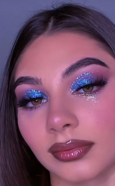 Blue And Purple Makeup Looks, Purple Mermaid Makeup, Rave Eye Makeup, Blue And Purple Makeup, Sky Blue Makeup, Blue Glitter Makeup, Blue Homecoming Makeup, Siren Costume, Purple Makeup Looks