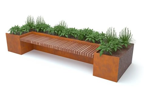 Incorporate inset benches into planter walls to create hidden seating areas. Wooden Seating Bench, Raised Garden Bed Bench, Planter Seat, Planter Benches, Bench Planter, Wooden Benches Outdoor, Ideas Terraza, Diy Planters Indoor, Landscape Timbers