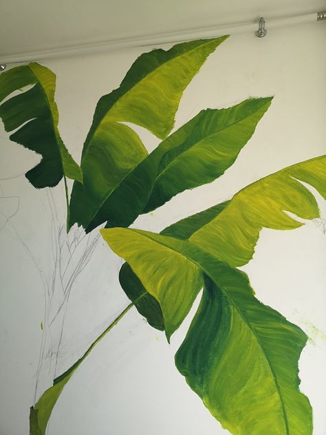 Banana Leaves Painting, Tropical Wall Painting, Tropical Mural Painting, Mural Art Tropical, Art On Wall, Banana Leaf Art, Deco Jungle, Hyper Realistic Paintings, Boho Art Drawings