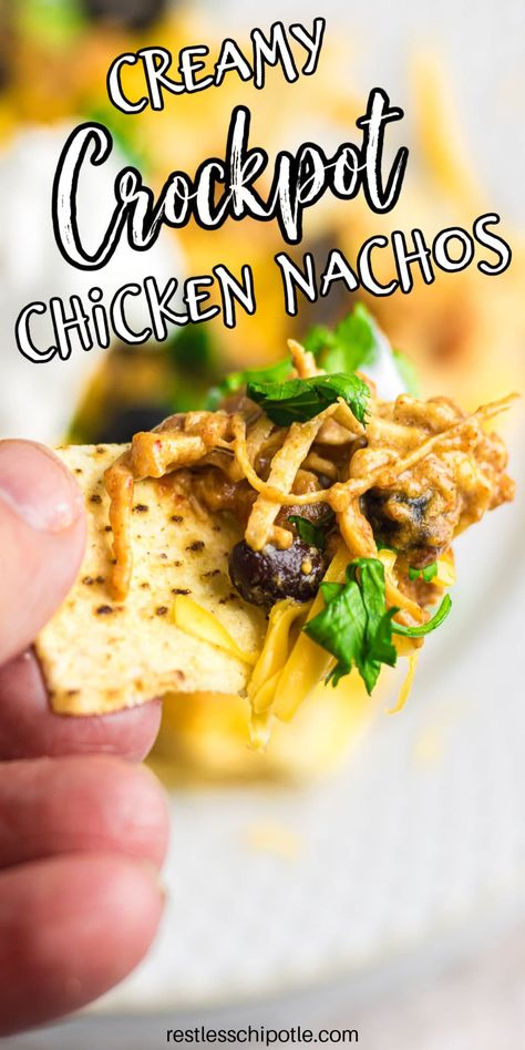 Crockpot Chicken Nacho Dip, Slow Cooker Chicken Nachos, Crockpot Creamy Chicken Nachos, Chicken Potluck Dishes, Chicken Nacho Recipe, Creamy Chicken Nachos, Crockpot Dips, Crockpot Rice Recipes, Crockpot Creamy Chicken