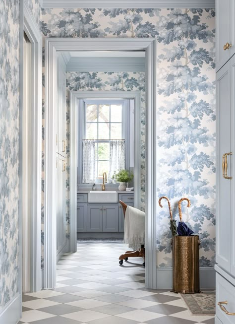 lindsey_herod_mud_room_to _laundry Wallpaper Powder Room Moody, Wallpaper In Sunroom, Laundry Room Blue Wallpaper, Mud Room With Wallpaper, English Cottage Style Laundry Room, Blue And White Mudroom, Laundry Room Traditional, Traditional Laundry Room Design, French Eclectic Home Decor