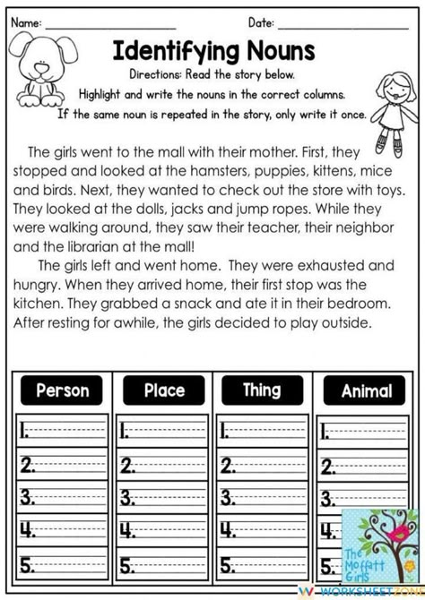 Find the noun in the story and put it in the correct category. Download the PDF file and try the interactive worksheet at the link above! #grammar #worksheet #worksheetsforkids #preschoolprintables #freeprintablesforkids #homeschooling #printablesforkids Paragraph Worksheets, Nouns And Verbs Worksheets, Proper Nouns Worksheet, Nouns Activities, Common And Proper Nouns, Adjective Worksheet, Nouns And Pronouns, Nouns Verbs Adjectives, Grammar For Kids