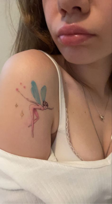 Pink Fairy Tattoo, Fairy Tattoo Colorful, Ethereal Back Tattoos, Light Colored Tattoos, Soft Feminine Tattoo, Color Fairy Tattoo, Mini Fairy Tattoo, Aesthetic Tattoo Girl, Bliss Tattoo