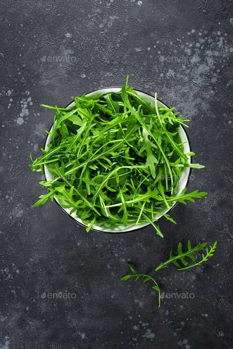 Fresh arugula or rocket leaves salad, rucola, top view by sea_wave. Fresh arugula or rocket leaves salad, rucola, top view #AD #rocket, #leaves, #Fresh, #arugula Rocket Leaves, Rocket Salad, Salad Leaves, Sea Wave, Design Painting, Seaweed Salad, Arugula, Top View, Innovation Technology