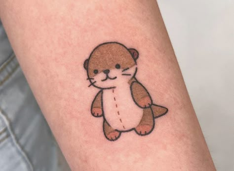 Childhood Plushies, Otter Plushies, Plushie Tattoo, Small Otter Tattoo, Cute Cartoon Tattoos, Childhood Tattoo Ideas, Childhood Tattoos, Stuffed Animal Tattoo, Disney Stitch Tattoo