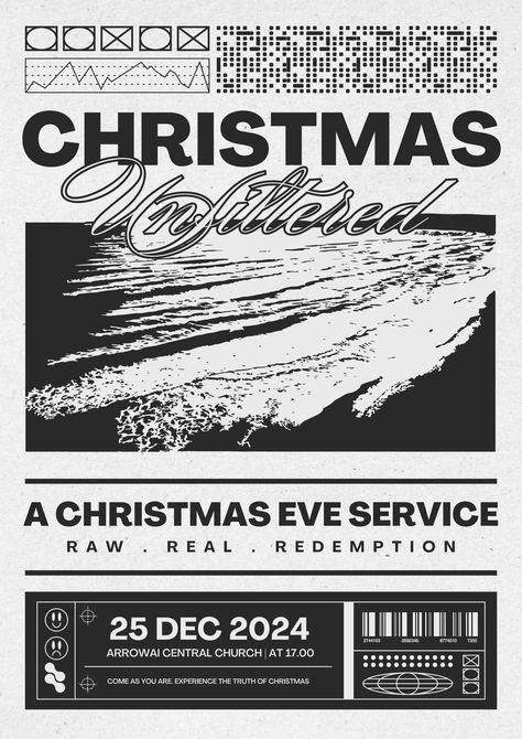 Promote your Christmas service with our Black and White Brutalist Church Poster! With its clean design and easy-to-understand language, it’s the perfect choice for sharing important details. Keep your congregation informed and excited for the holidays! Christmas Party Flyer Design, Christmas Church Graphics, Church Christmas Graphics, Christmas Graphic Design Poster, White Christmas Poster, Announcement Poster Design, Christmas Event Poster, Church Stage Design Ideas Backdrops, Xmas Poster