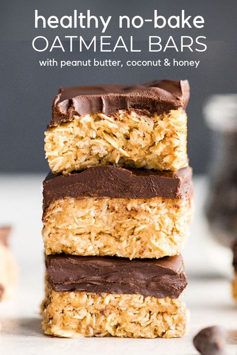 These No-Bake Oatmeal Bars with Peanut Butter & Coconut are the ultimate, easy, no-bake healthy dessert or snack! They are made in 5 minutes with 7 ingredients,  and are gluten and dairy-free! Plus they have no refined sugar and are vegan-friendly! #peanutbutterbars #oatmealbars #nobake #healthydessert #nobakecookies #coconut #peanutbutter #chocolate Chocolate Peanut Butter Oatmeal Bars Healthy, Easy Healthy Snacks After Workout, Coconut And Chocolate Peanut Butter Protein Bars, Clean Desserts Easy, Healthy Oatmeal Deserts, Healthy Desserts Oatmeal, Chocolate Peanut Butter Bars Healthy, Easy Healthy Desserts With Oats, No Bake Pb Oat Cups