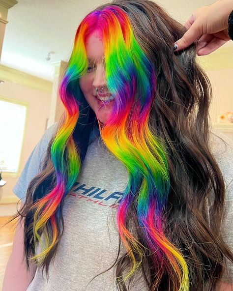 Morgan Whitt on Instagram: “@oneshothairawards @marybehindthechair #oneshot2023_creativecolor #oneshot2023_placement #btconeshot2023_creativecolor #hairmarbling…” Rainbow Money Piece, Arctic Fox Hair Dye, Fox Hair Color, Stylish Hair Colors, Money Pieces, Split Dyed Hair, Arctic Fox Hair Color, Fox Hair, Rainbow Hair Color