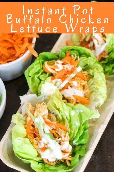 Instant Pot Buffalo Chicken Lettuce wraps are the perfect healthy chicken recipe! Make the spicy chicken in just minutes, then load up fresh lettuce wraps with your favorite toppings! Instant Pot Buffalo Chicken, Healthy Chicken Recipe, Salat Wraps, Buffalo Chicken Lettuce Wraps, Chicken Lettuce Wraps, Paleo Lunch, Instant Pot Dinner Recipes, Instapot Recipes, Instant Pot Pressure Cooker