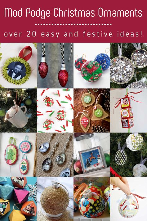 Use decoupage medium to create pretty and fun Mod Podge ornaments - here are over 20 unique ideas. Give them as gifts or hang them on your tree! Mod Lodge Christmas Ornaments, Mod Podge Ornaments, Decoupage Ornaments, Chenille Stem Crafts, Homemade Christmas Tree, Polymer Art, Christmas Lodge, Mod Podge Crafts, Diy Christmas Ornament