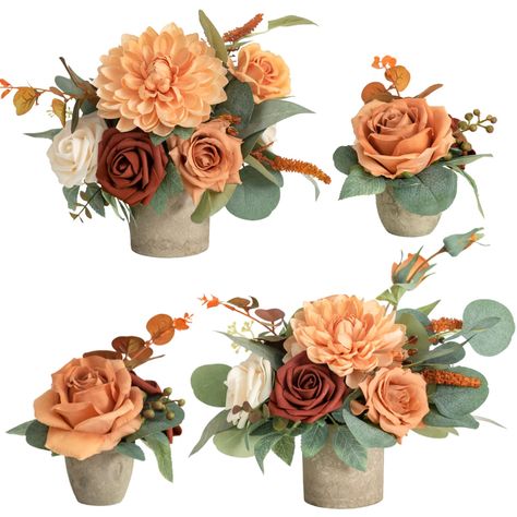 PRICES MAY VARY. Package: Set of 4 pre-made flower centerpieces. Arrangements come with vases and 2pcs place cardholders. Size: the large centerpiece is approx. 7.5" wide by 7" high, and the small one is approx. 3.5" wide by 4" high. Material: The centerpiece is a merge of delicate foam/silk flowers, filler flowers, and interesting greenery, with natural shapes and a variety of textures. Dahlia, vendela rose, and avalanche rose accent the centerpiece for a soft and romantic feel. Earth paper vas Terra Cotta Wedding Centerpieces, Flower Pot Centerpiece, Flowers With Vase, Fall Floral Centerpieces, Desk Flowers, Centerpiece Flower, Table Centerpiece Decorations, Wedding Shower Decorations, Wedding Floral Centerpieces