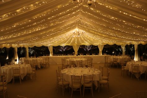 Fabulous shot by Charlie @ Ardington House of the marquee on the lawn #weddinglighting #fairylights Fairy Lights Ceiling, Wedding Dinner Table Decorations, Night Wedding Ceremony, Georgian Manor House, Marquee Decoration, Venue Lighting, Georgian Manor, Midsummer Nights Dream Wedding, Wedding Table Designs