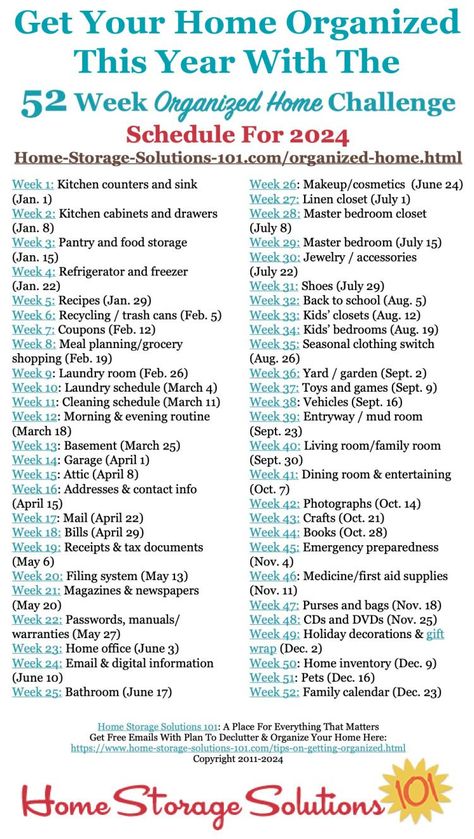 Free printable list of the 52 Weeks To An Organized Home Challenges for 2024. Join others who are getting their homes organized one week at a time! {on Home Storage Solutions 101} #OrganizedHome #Organization #Organized 52 Week Cleaning Schedule, 52 Week Cleaning Challenge, 52 Week Challenge Ideas, Home Orginazation, 365 Declutter Challenge 2023, 52 Weekly Challenges, Declutter Challenge 2023, Declutter 2023, Goals For 2023 List