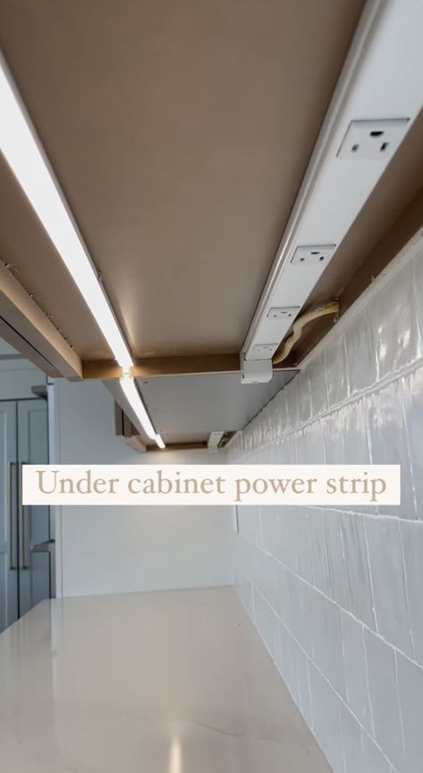 Pantry Electrical Outlets, Undermount Lighting Kitchen Cabinets, Plugs In Kitchen Island, Plugs Under Kitchen Cabinets, Hidden Kitchen Plugs, Puck Lights Ideas Kitchen, Waterfall Island Electrical Outlet, Custom Home Decor, Kitchen Underlighting