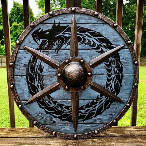 Excited to share the latest addition to my #etsy shop: Ouroboros Battleworn Viking Shield with Leather Strap https://etsy.me/2kf94Fq #vintage #collectibles #blue #birthday #christmas #black #hyperealismpaintings Shield Designs, Viking Shield, Fence, Bench, Ships, Wood