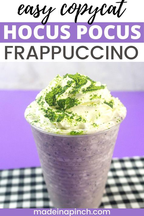 Copycat Starbucks Hocus Pocus Frappuccino! Love the classic Halloween movie? Now's the PERFECT time to make this delicious spooktacular drink. It's so easy and so good that even the Sanderson Sisters themselves would love it! Make a drink and enjoy it at your next Halloween party or while you watch the special movie! #hocuspocus #frappuccino #starbuckscopycat Halloween Food And Drinks, Starbucks Halloween Drinks, Family Meals Kid Friendly, Iced Matcha Green Tea, Copycat Starbucks Drinks, Frappuccino Starbucks, Healthy Kid Friendly Meals, Peppermint Syrup, The Sanderson Sisters