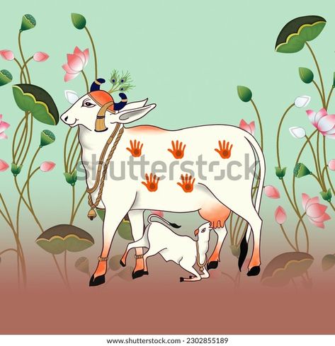 Pichwai Cow And Calf, Pichwai Cow, Art Deco Design Graphics, Cow And Calf, Cow Illustration, Kalamkari Painting, Easy Backdrops, Pichwai Paintings, Style Background