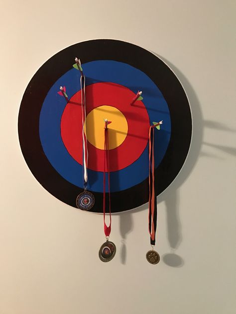 Archery medal hanger or display Archery Medal Display, Archery Snacks, Archery Room Ideas, Nasp Archery, Archery Decor, Medals Aesthetic, Archery Crafts, Archery Medal, Medal Display Ideas