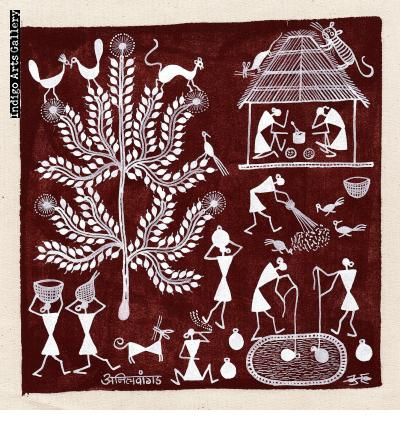 Warli Village Scene | Indigo Arts Mermaid Skeleton, Warli Art, Ceramic Mask, Mask Painting, Village Scene, Intuitive Art, White Acrylic Paint, Recycled Art, Sacred Art