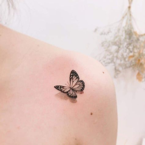 Butterfly Tattoo Elegant, Places For Butterfly Tattoo, Back Shoulder Butterfly Tattoo For Women, Butterfly Tattoo Transformation, Tattoo Ideas For Spouse Name, Symetric Tattoo Aesthetic, Tatoos Butterfly Woman, Cute Butterfly Tattoos For Women, Butterfly Tatoos Woman