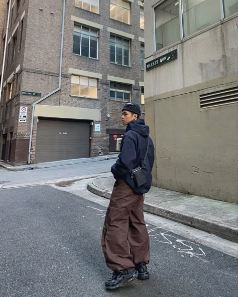 IG: jayze.king / YT: josh obliga • minimal wear fashion aesthetic, street style, brown parachute pants, carhartt jacket with beanie Brown Baggy Cargo Pants Outfit, Brown Cargos Outfits Men, Parachute Cargo Pants Men, Brown Baggy Pants Outfit Men, Brown Cargo Outfit Men, Brown Parachute Pants Outfit Men, Mens Parachute Pants Outfit, Brown Cargo Parachute Pants, Cargo Brown Pants Outfit