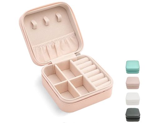 A pink travel jewelry case opened to show where necklaces and rings can be stored. Box For Rings, Jewelry Travel Case, Mini Jewelry, Bracelet Organizer, Portable Display, Necklace Storage, Travel Jewelry Organizer, Ring Storage, Leather Jewelry Box