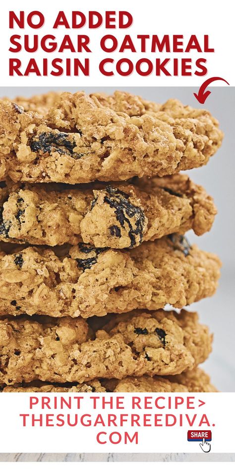 Sugar Free Oatmeal Cookies, Sugar Free Cookie Recipes, Sugar Free Oatmeal, Raisin Cookie Recipe, Sugar Free Desserts Easy, No Sugar Desserts, Sugar Free Baking, Sugar Free Recipes Desserts, Sugar Free Cookies