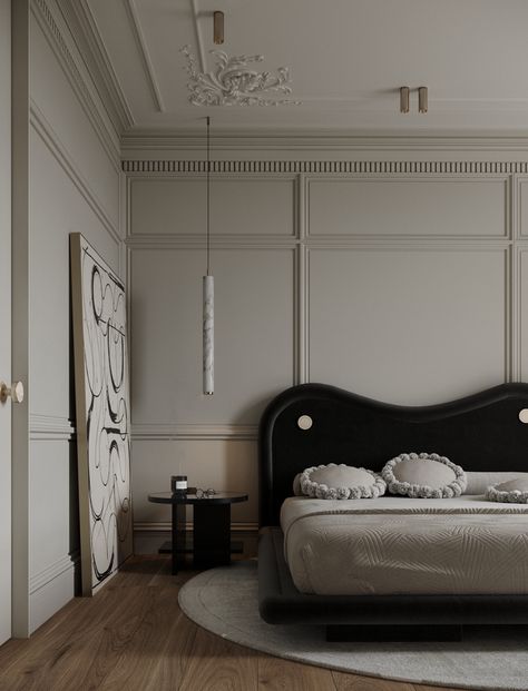 Project HD# Fountain view | Behance Neoclassical Interior, Bedroom Bed Design, Master Bedrooms Decor, Classic Interior, Upholstered Headboard, Luxurious Bedrooms, Bed Design, White Walls, Bedroom Wall