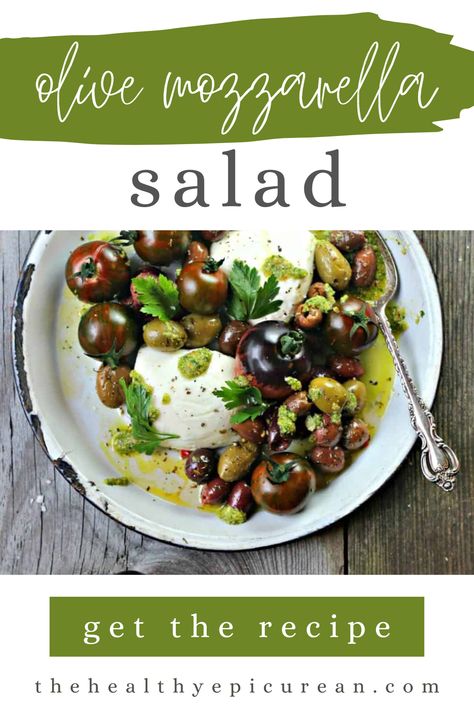 An overhead shot of a plate of olive mozzarella salad. Olive Vinaigrette, Summer Tomato Salad, Olive Pesto, Mediterranean Appetizers, Marinated Olives, Olive Salad, Mozzarella Salad, Mozzarella Recipes, Greek Olives