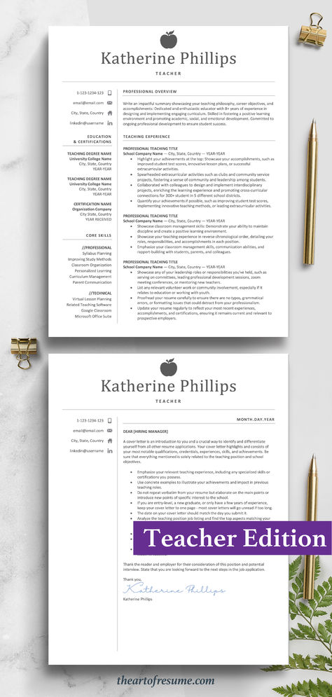 The Art of Resume on Etsy | Teacher Teaching Resume CV Template Design with Free Cover Letter Teaching Resume Examples, Teacher Resume Template Free, Teacher Cv Template, Teacher Resumes, Letter Reference, Teacher Cv, High School Resume, Teacher Career, Teaching Resume