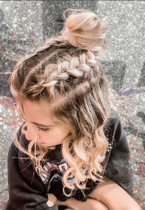 dutch braids on both sides half up half down bun with tight curls. Braided Half Up Half Down Hair, Half Up Half Down Bun, Down Bun, Curls For Medium Length Hair, Curled Hair With Braid, Concert Hair, Medium Length Curls, Concert Hairstyles, Dutch Braid Hairstyles